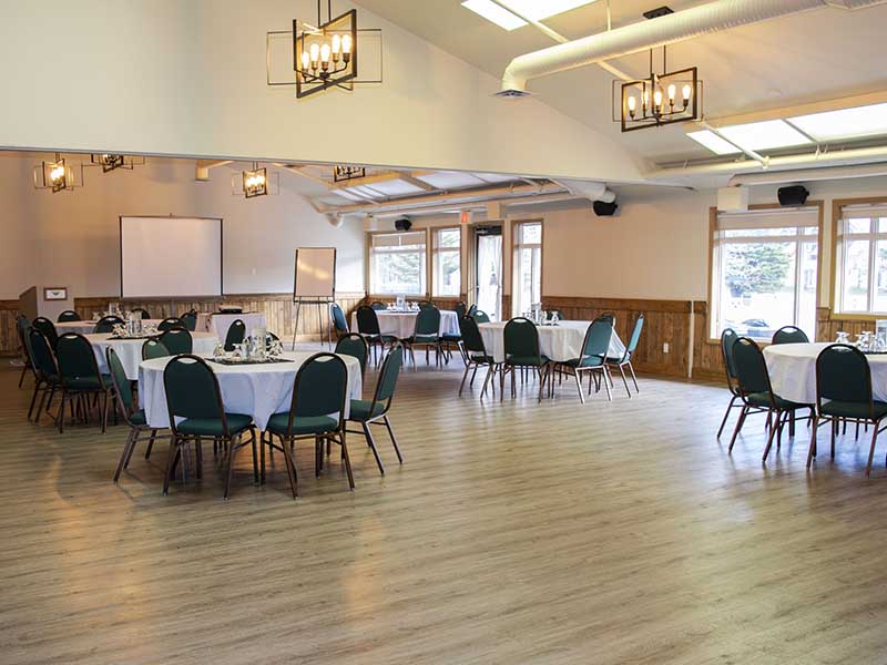 Waterton Lakes Lodge dining hall summer wedding setup.